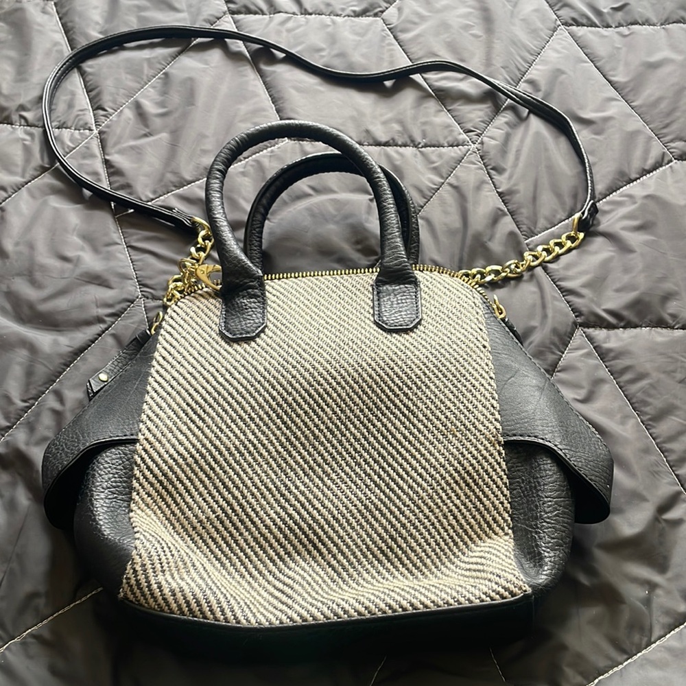 Olivia + Joy crossbody purse black fabric leather detachable strap chain zipper